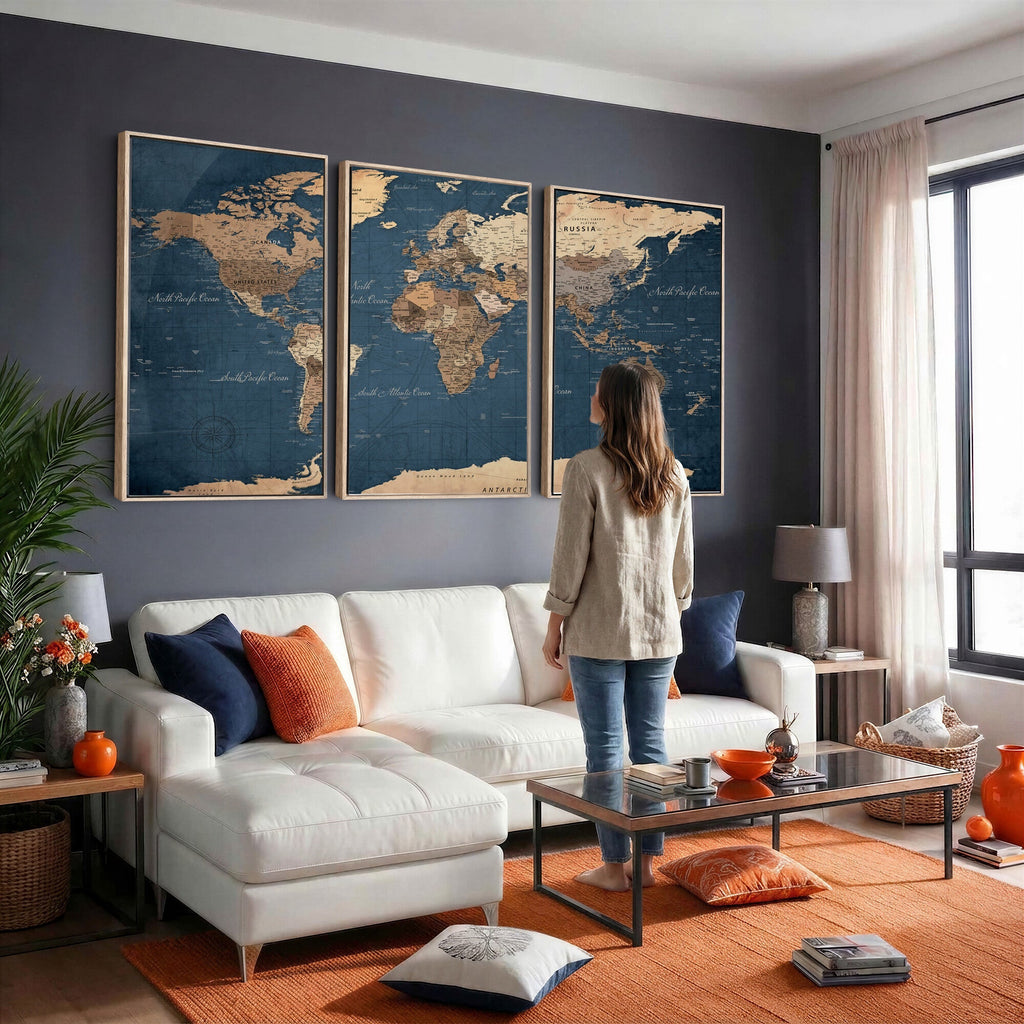 Navy Blue World Map Canvas Print | Framed Travel Map Wall Art