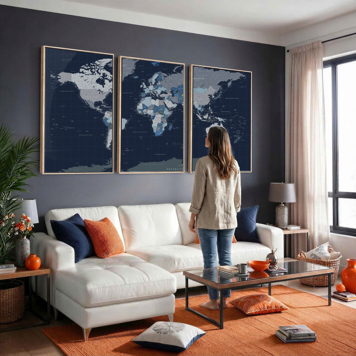 Blue Detailed World Map Wall Art Canvas Print | Modern Framed Map