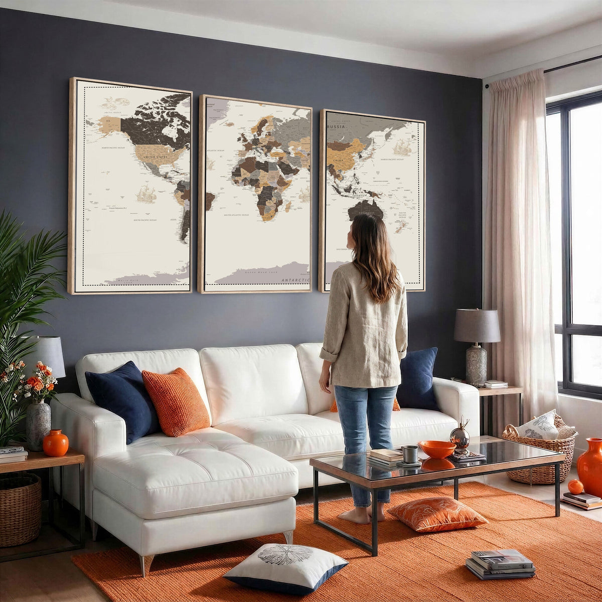 Custom Beige Modern Push Pin World Map Canvas Print, Places Visited Tracker, Bedroom and Study Decor