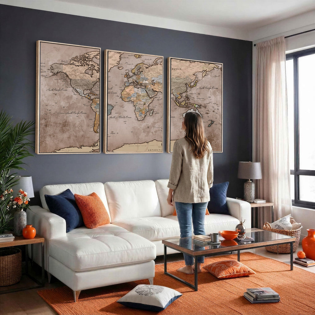 Grunge World Map Canvas Wall Art - Vintage Aged World Map with Golden Tones