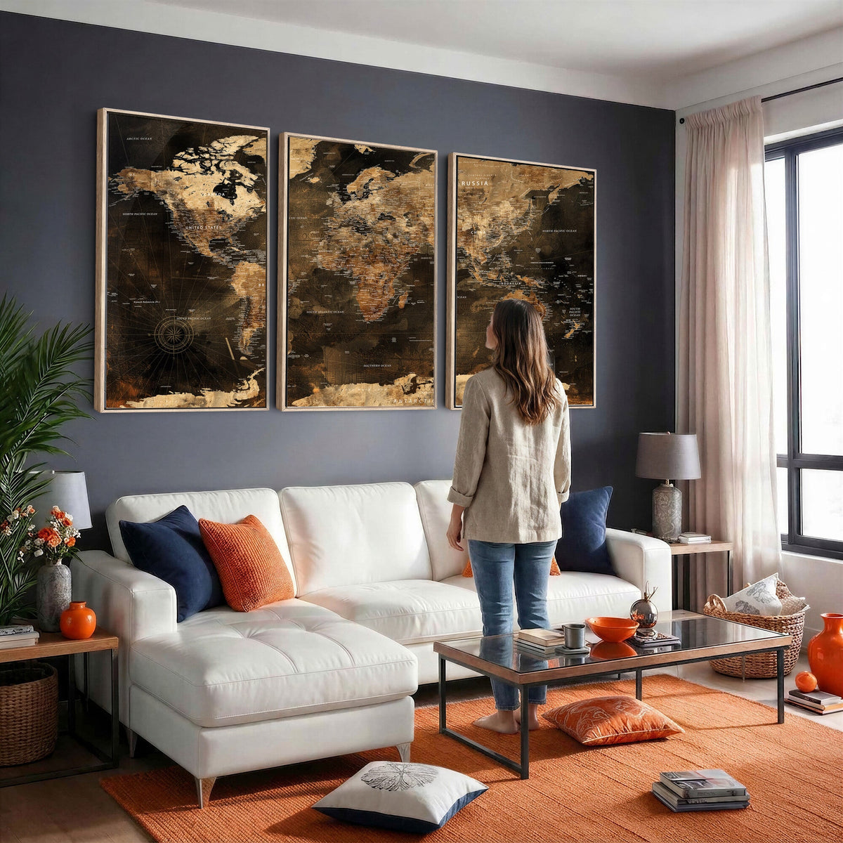 World Map Canvas Print, Modern Decorative Framed Map Artwork