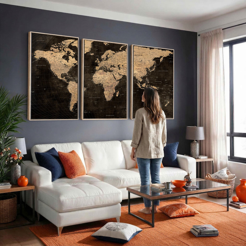 Brown World Map Canvas Print | Modern Travel Map Wall Art