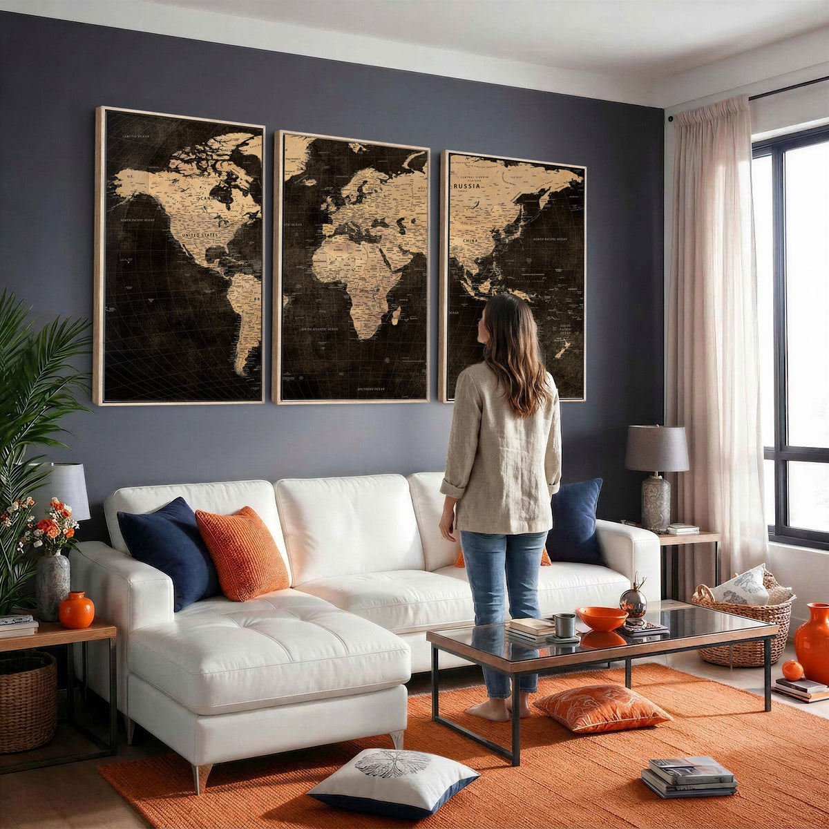 Brown World Map Canvas Print | Modern Travel Map Wall Art