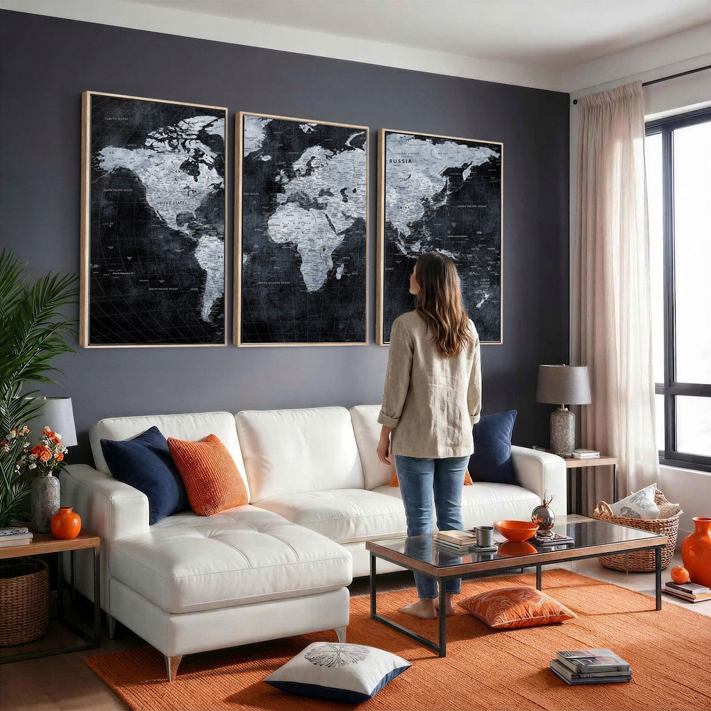 Black World Map Canvas Print | Detailed Map for Couples and Anniversary Gift