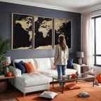Beige World Map Canvas Wall Art Print, Minimal Black and Beige Map