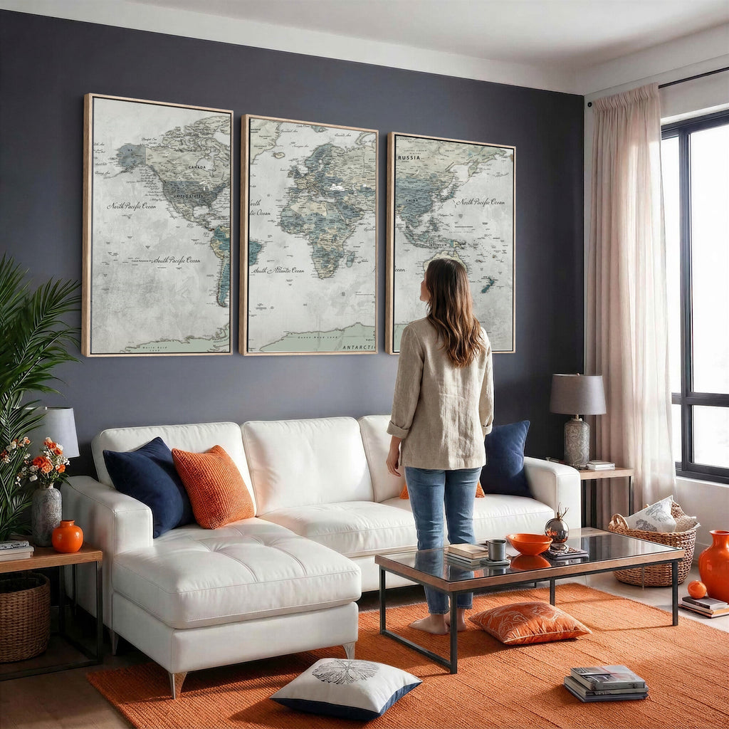 Neutral Vintage World Map Canvas Wall Art Print, Classic Map Artwork