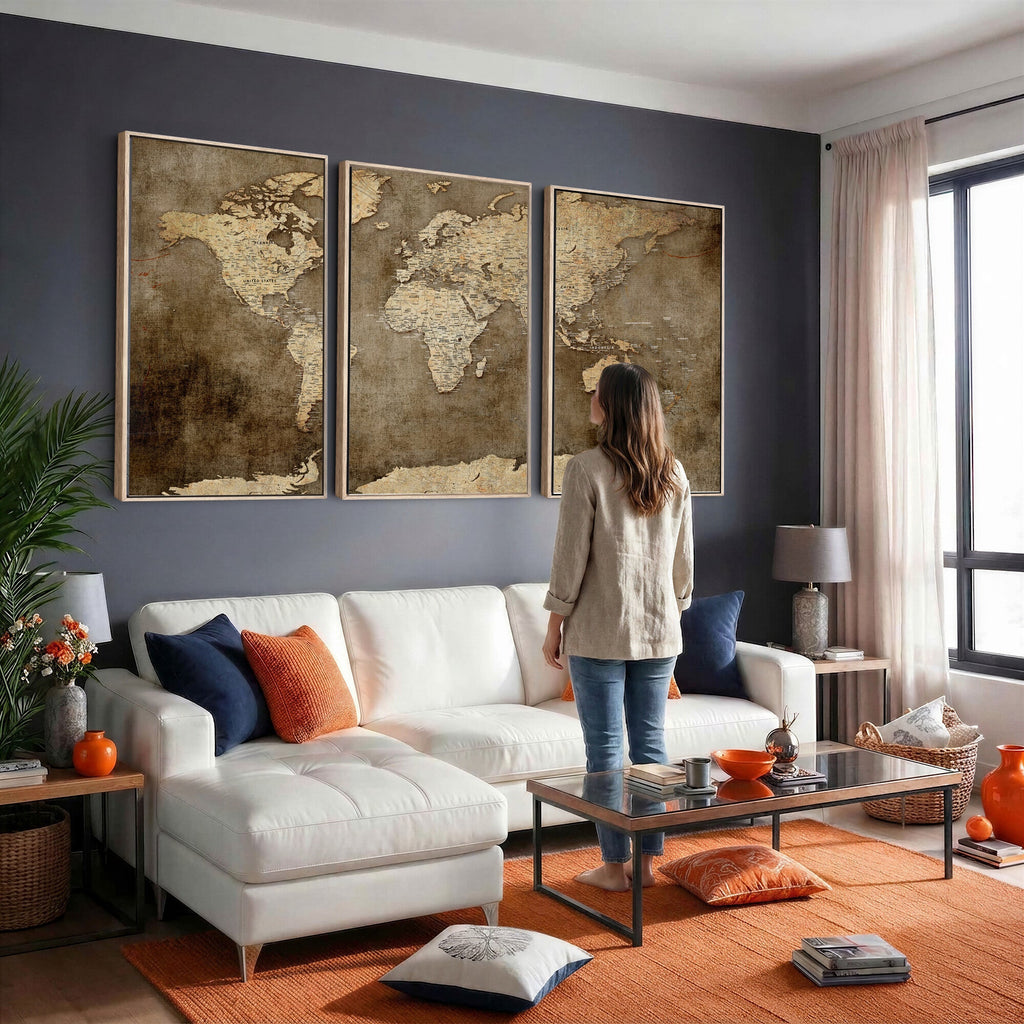 Dark Vintage World Map Canvas Wall Art Print, Antique Map Artwork