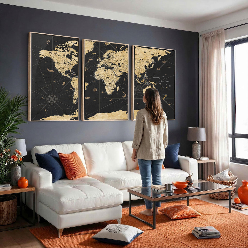 Vintage Blue and Brown World Map Canvas Wall Art | Framed Rustic Map Print