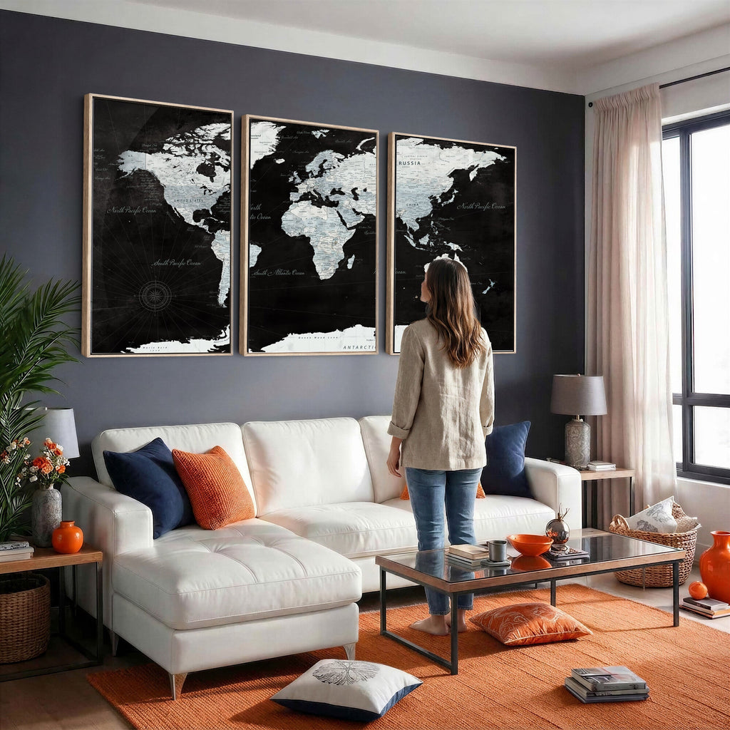 World Map Canvas Print | Framed Push Pin Wall Art, Color Splash Travel Map