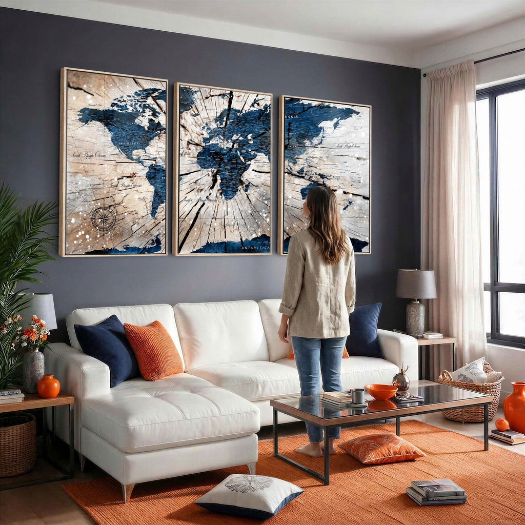Rustic World Map Canvas Print | Framed Wall Art for Couples