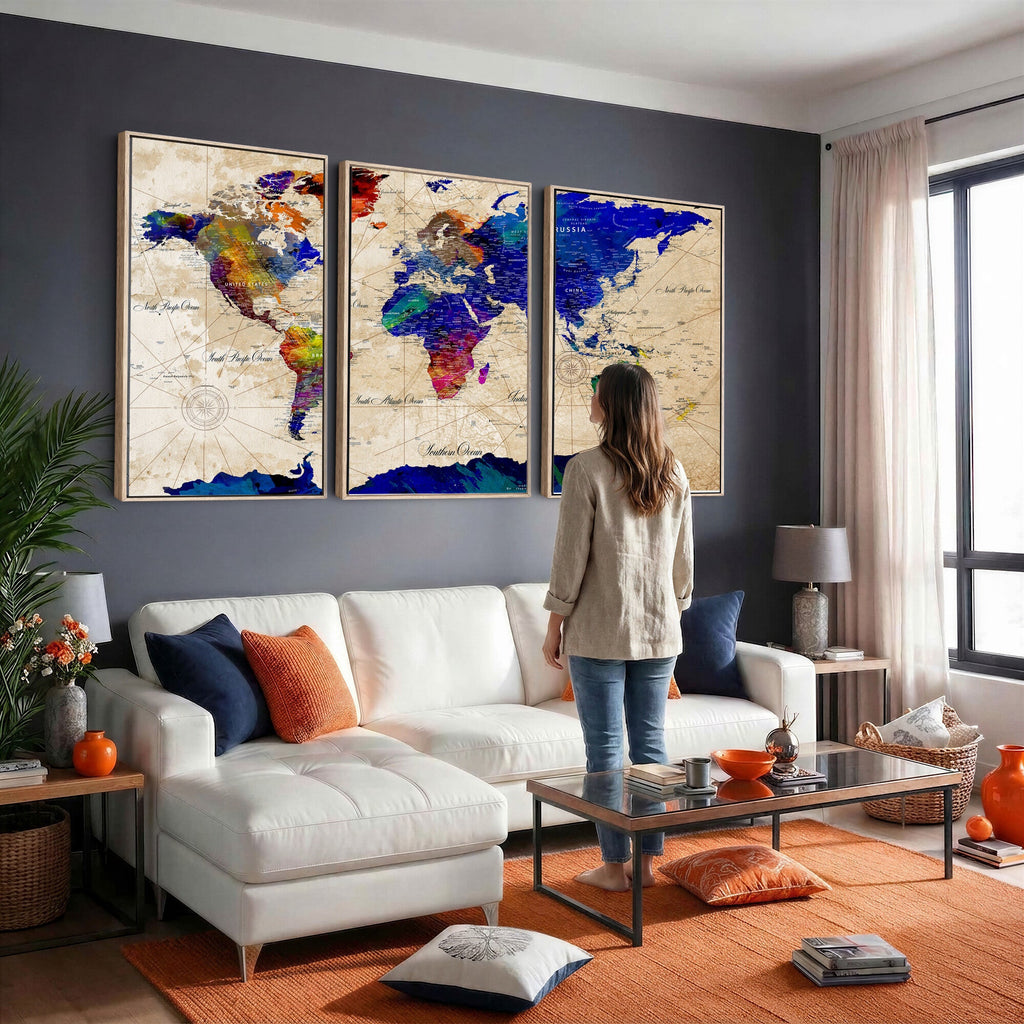 Watercolor World Map Canvas Print | Framed Wall Art for Couples