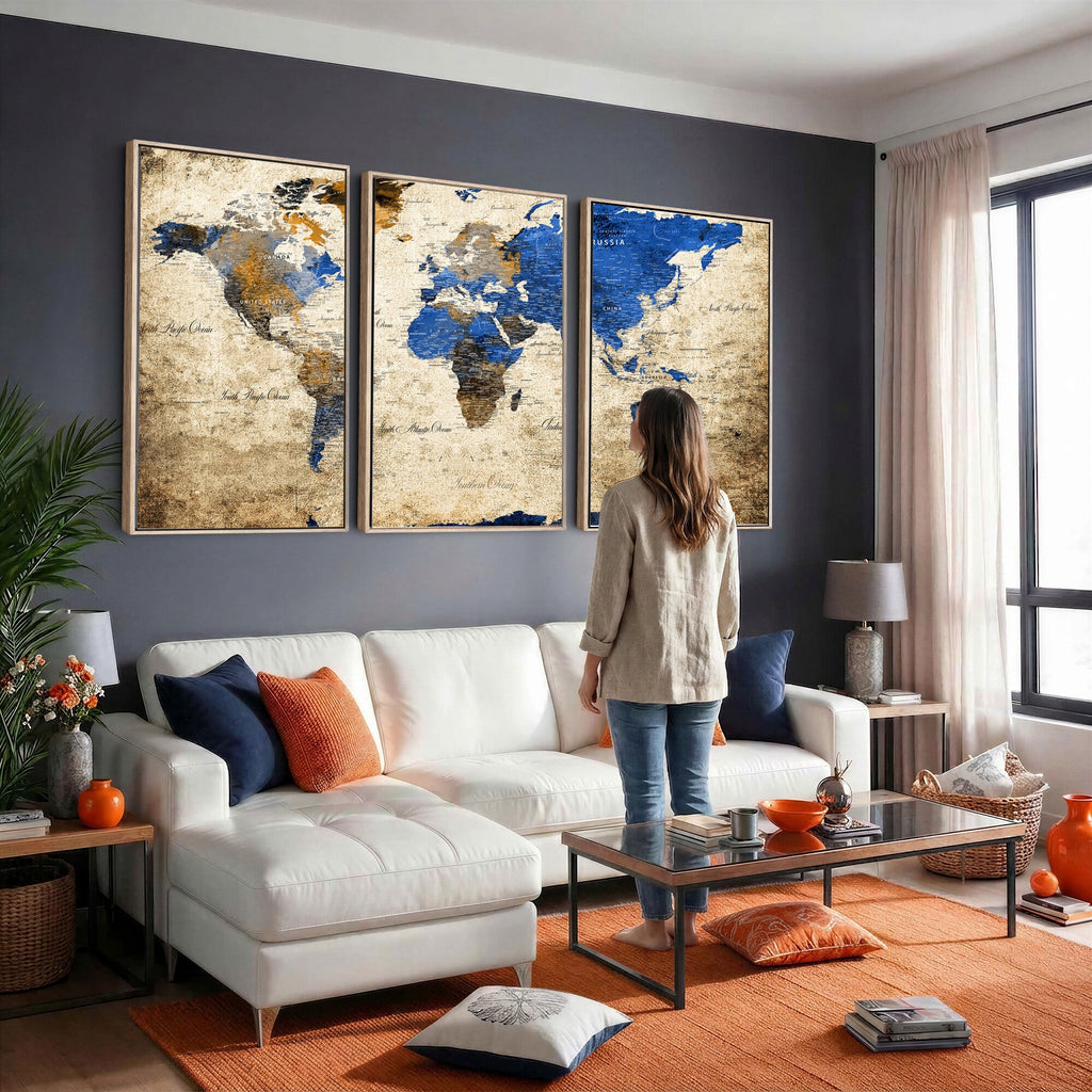 World Map Canvas Print | Colorful Abstract Travel Map, Framed Wall Art