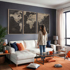 World Map Canvas Wall Art, Dark Charcoal and Antique Tan Detailed Map