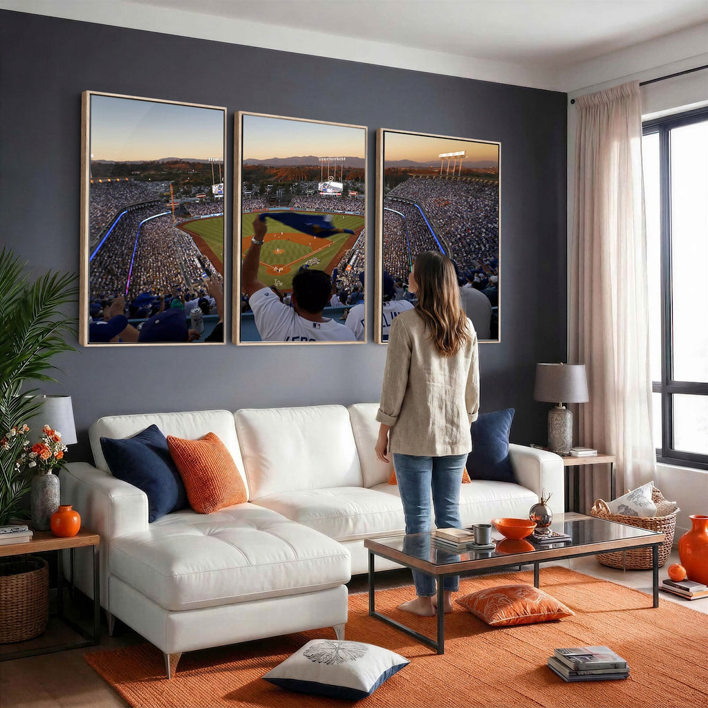 Dodger Stadium Sunset Game Triple Canvas Wall Art, Los Angeles Dodgers MLB Match
