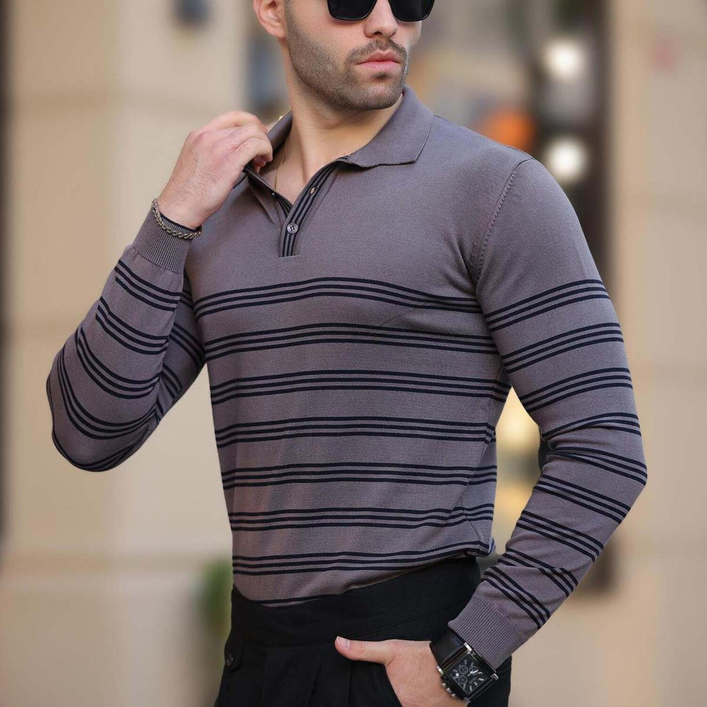Striped Polo Sweater // Gray