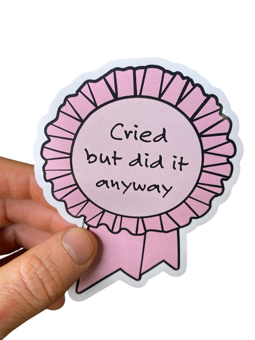 "Cried But Did It" Funny Award Ribbon Sticker Die-Cut Car Bumper Decal -USA Made