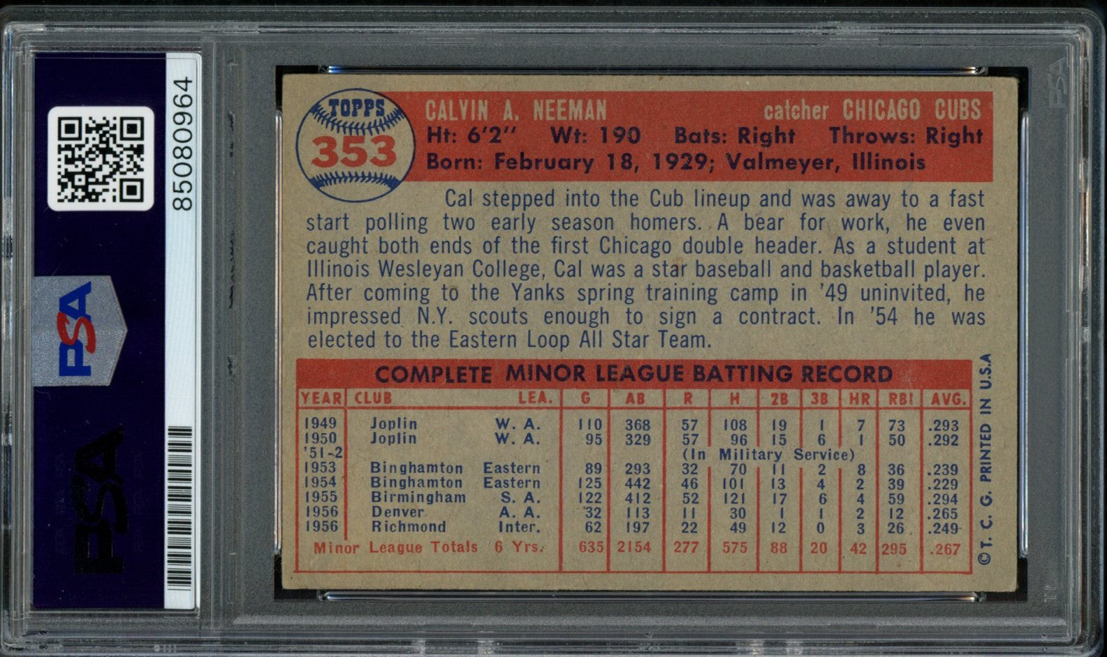 Cal Neeman Signed 1957 Topps Card #353 Chicago Cubs PSA/DNA 184158