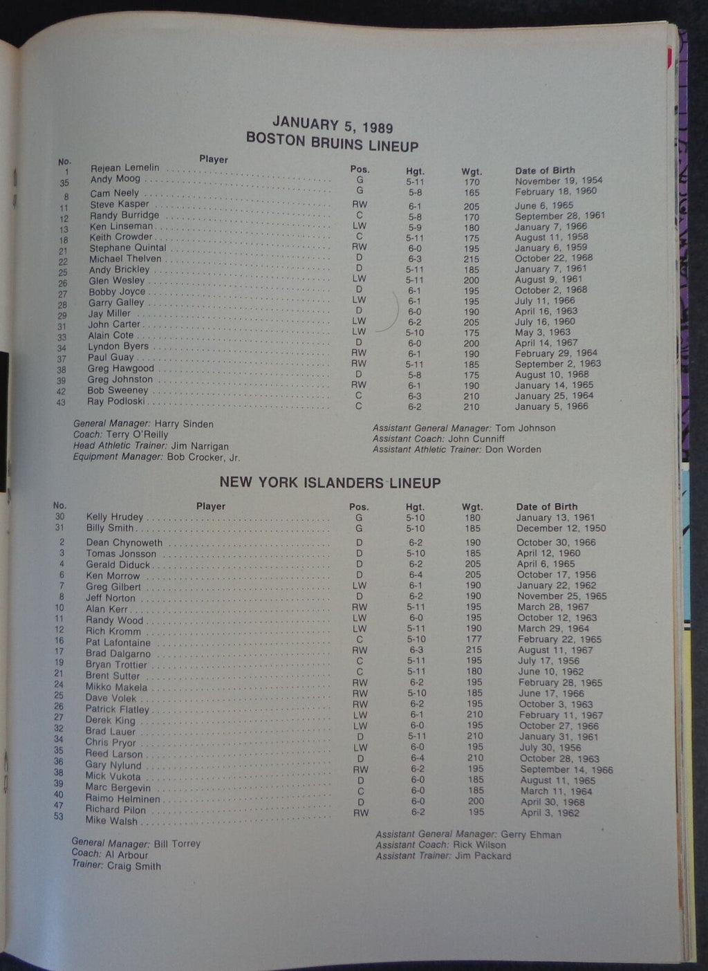 January 5, 1989 GOAL NHL Program Boston Bruins vs. New York Islanders 178068