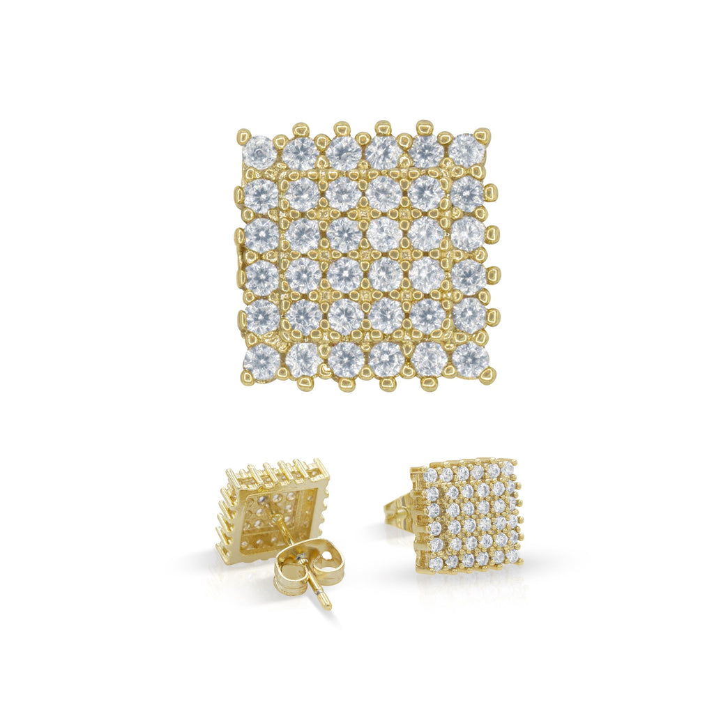 Double Square 7 Cubic Zirconia Earrings 14K Gold Filled Silver Hip Hop Studs Jewelry Women Men