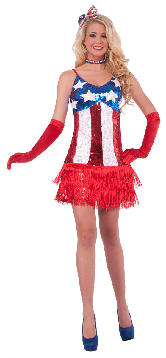 Patriotic Sparkle July 4th American Flag Sequin Flapper Costume Dress M/L