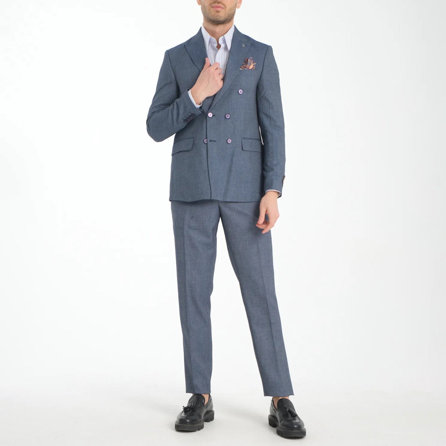 2-Piece Sharkskin Slim Fit Double Breaded Pointed Collar Suit // Gray Blue