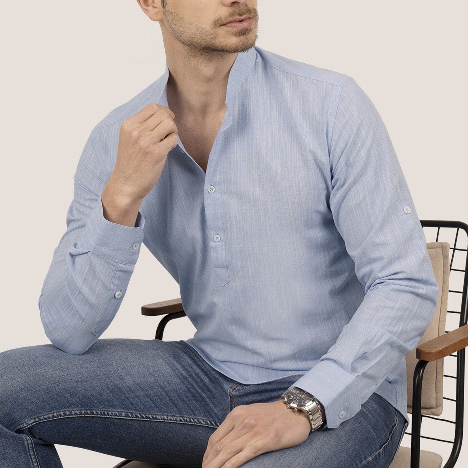 Banded Collar 3 Button Shirt // Blue
