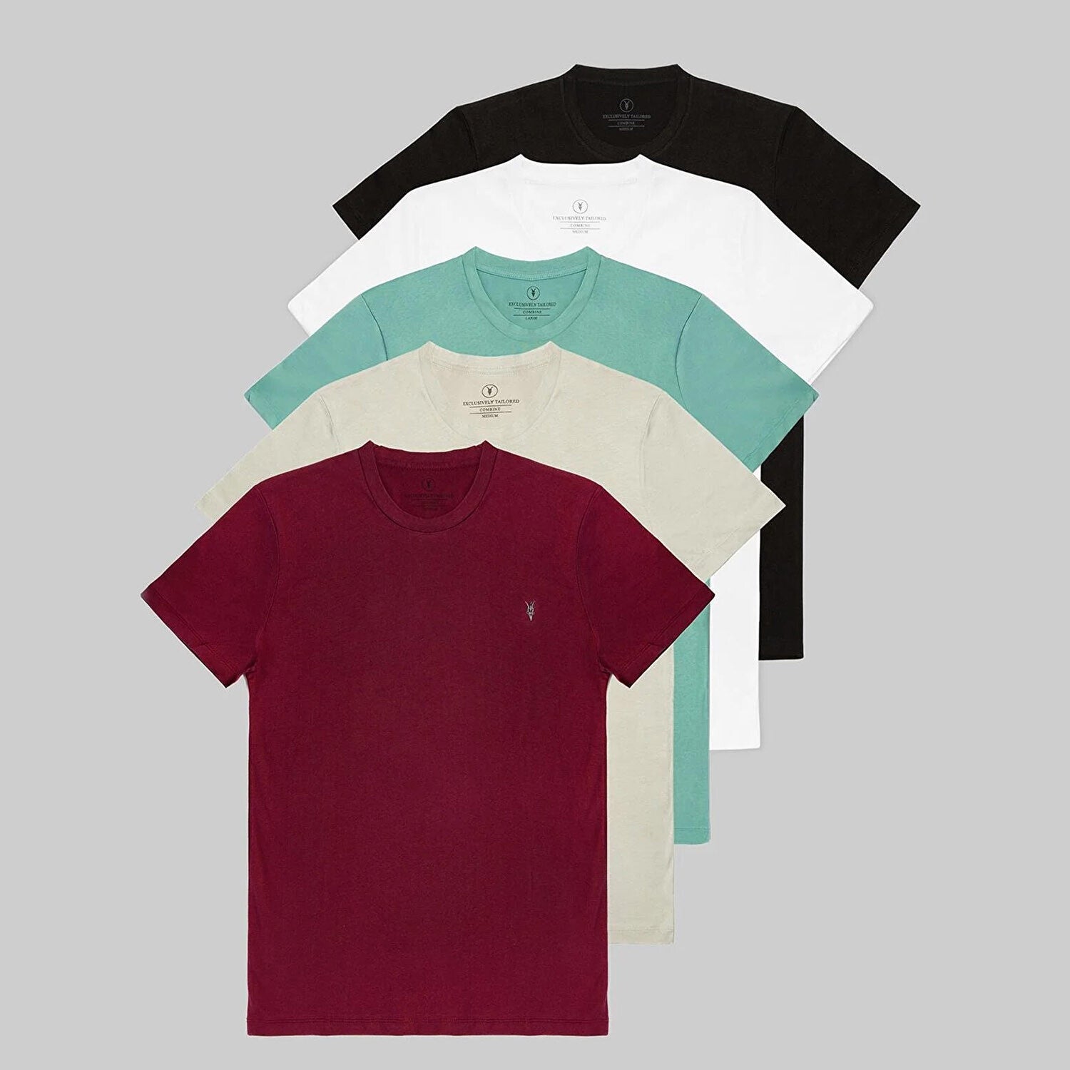 Set of 5 // Crewneck Regular Fit T-Shirts // Black + White + Turquoise + Beige + Burgundy