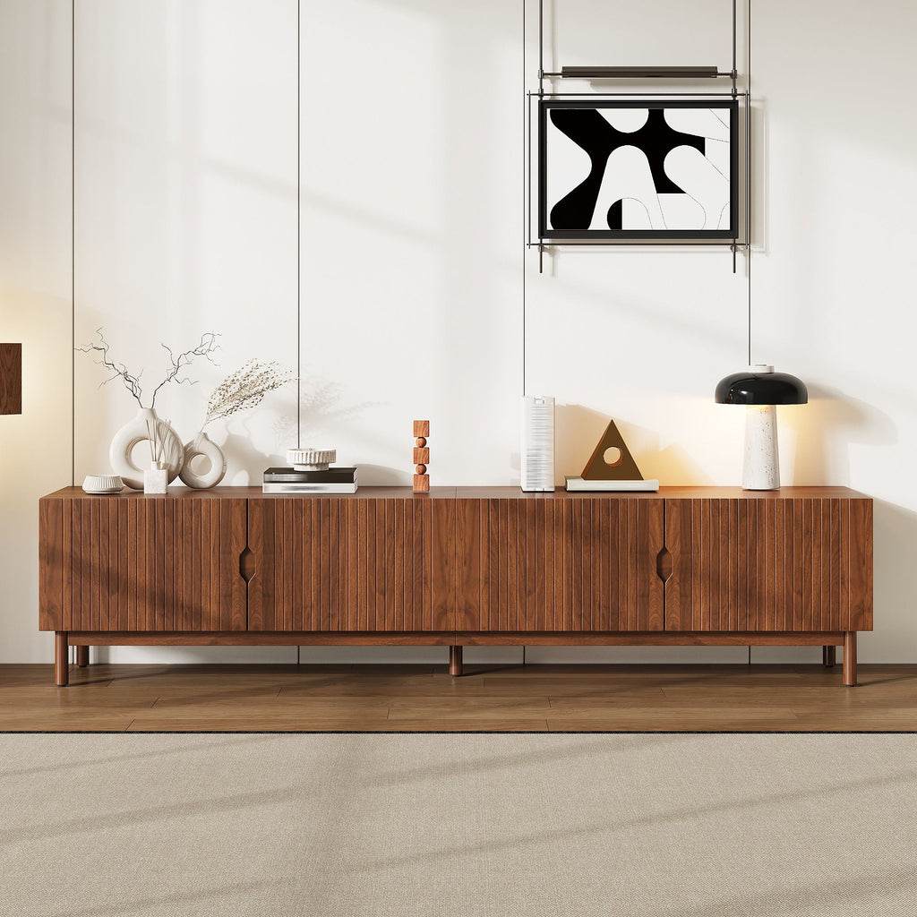 TV Stand With Legs, Media Console, 4 Cabinets - Natural Wood