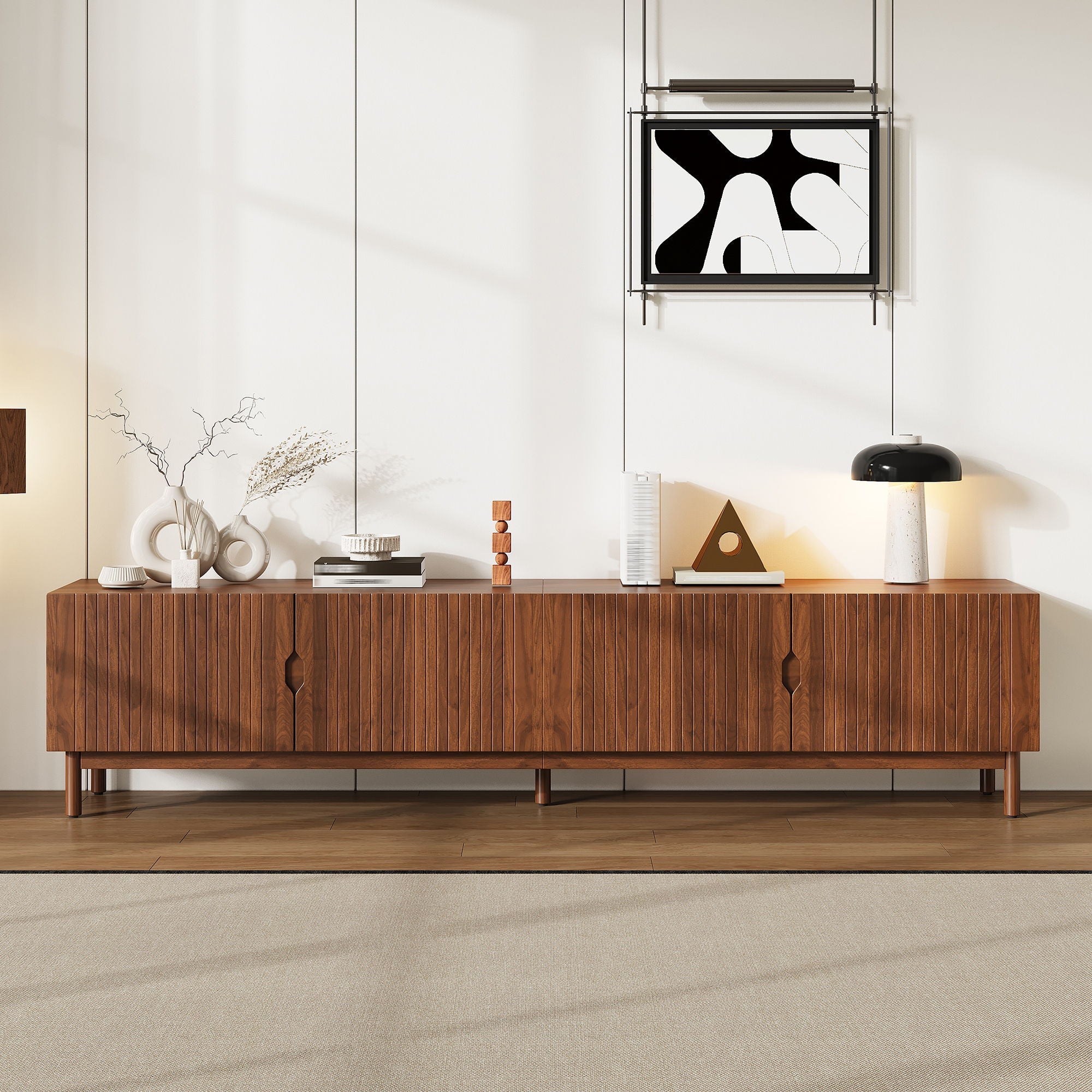 TV Stand With Legs, Media Console, 4 Cabinets - Natural Wood