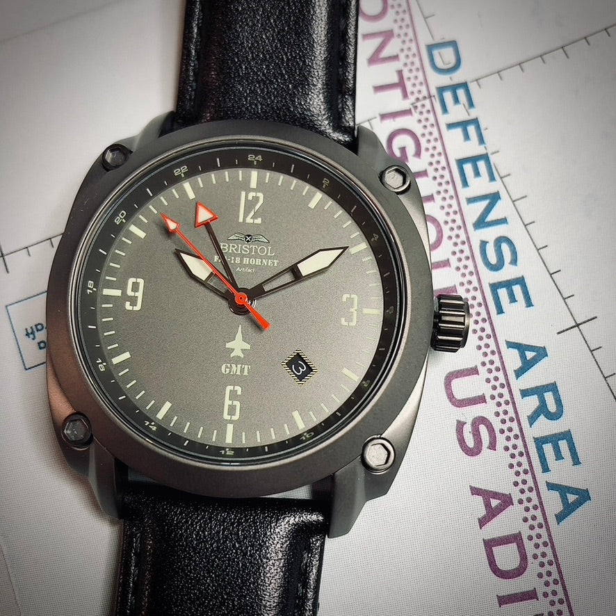 F-18 Hornet Tribute - Gun Metal Finish, Gray Dial, Black Leather Band