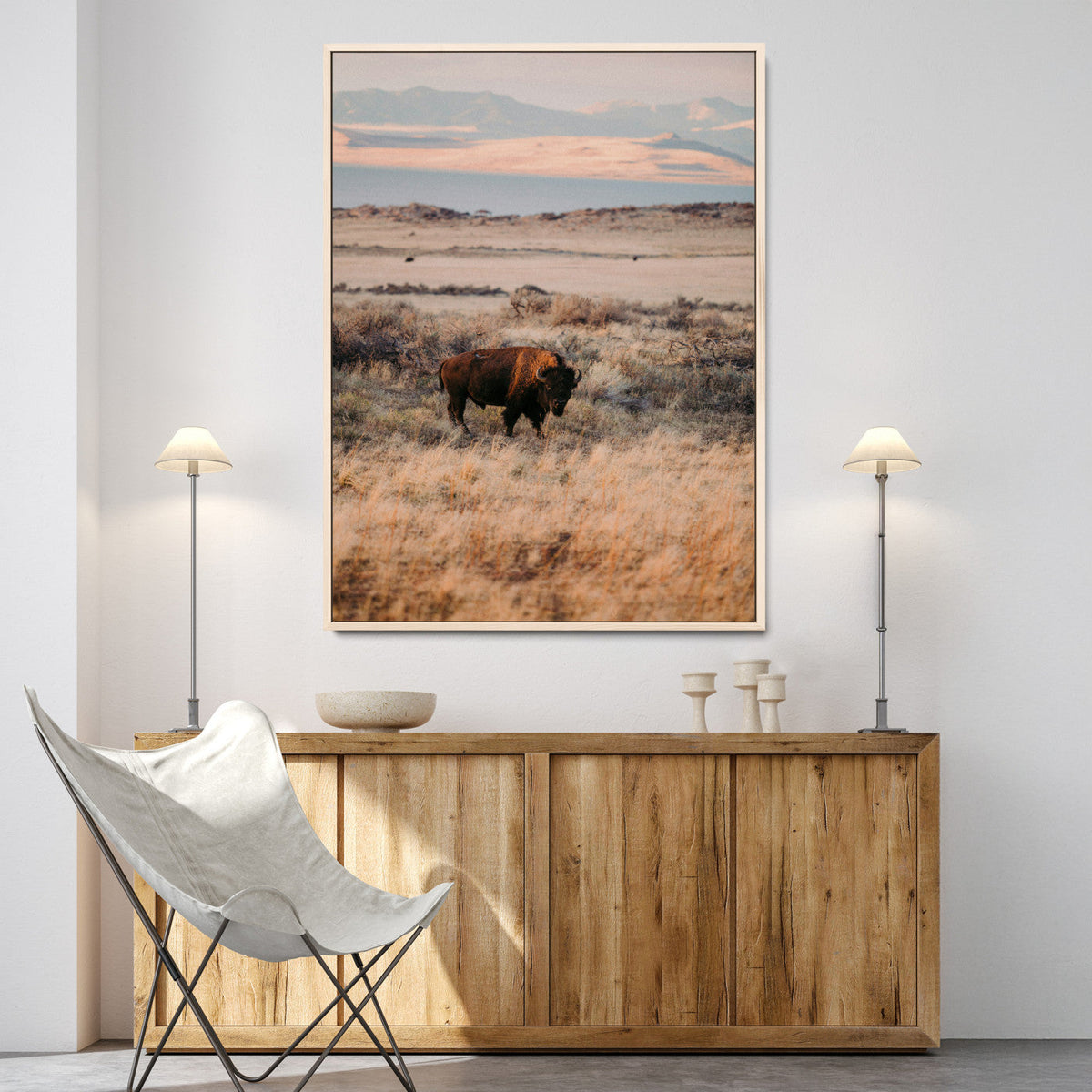 Solitary Buffalo Wall Art Canvas Print, Framed Golden Prairie Earthy Tones