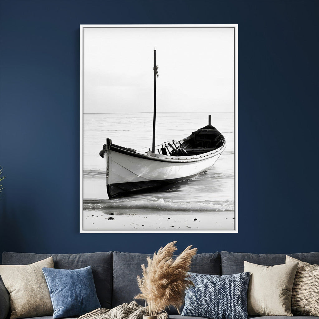 Minimal Boat Wall Art Canvas Print | Black and White Coastal Photography