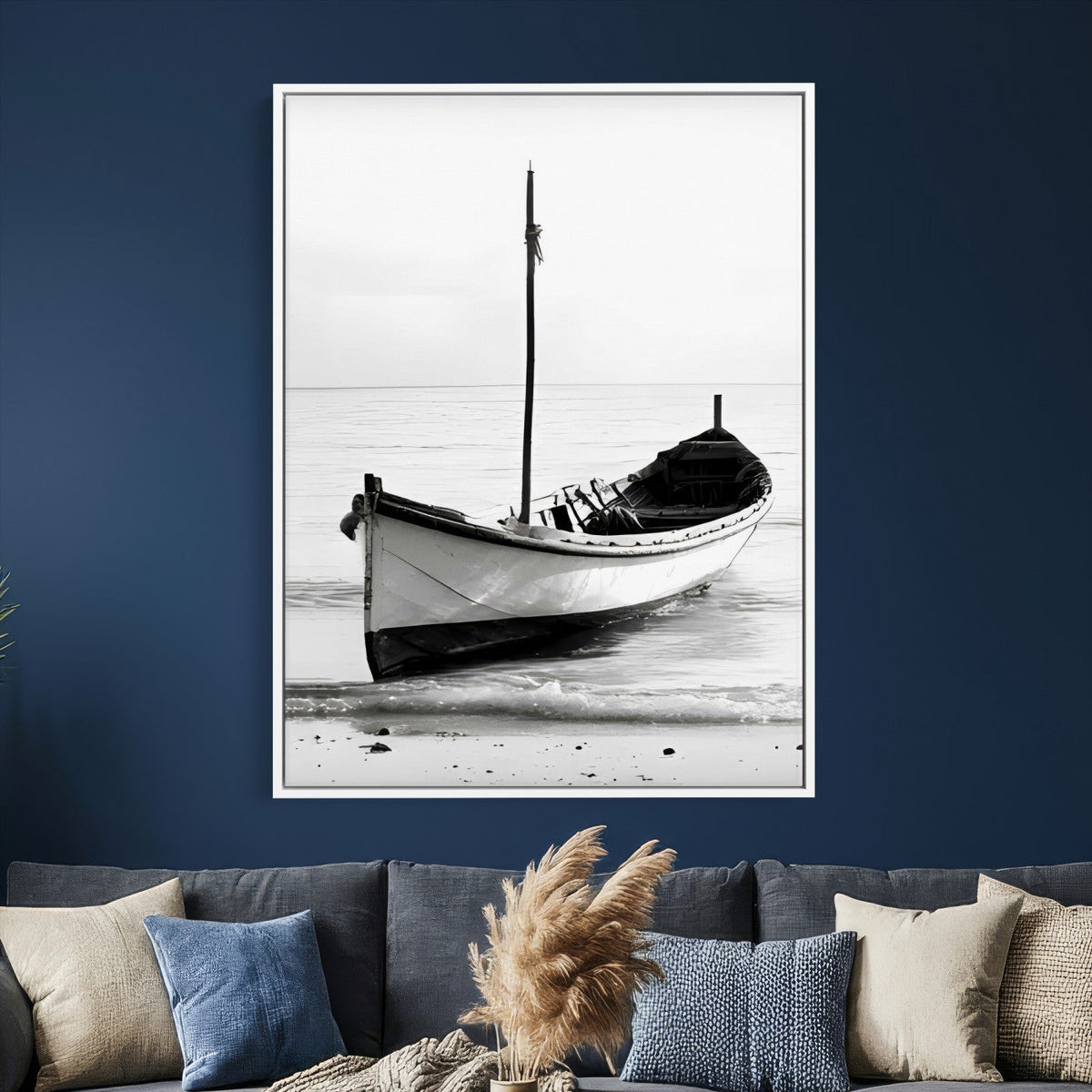 Minimal Boat Wall Art Canvas Print | Black and White Coastal Photography