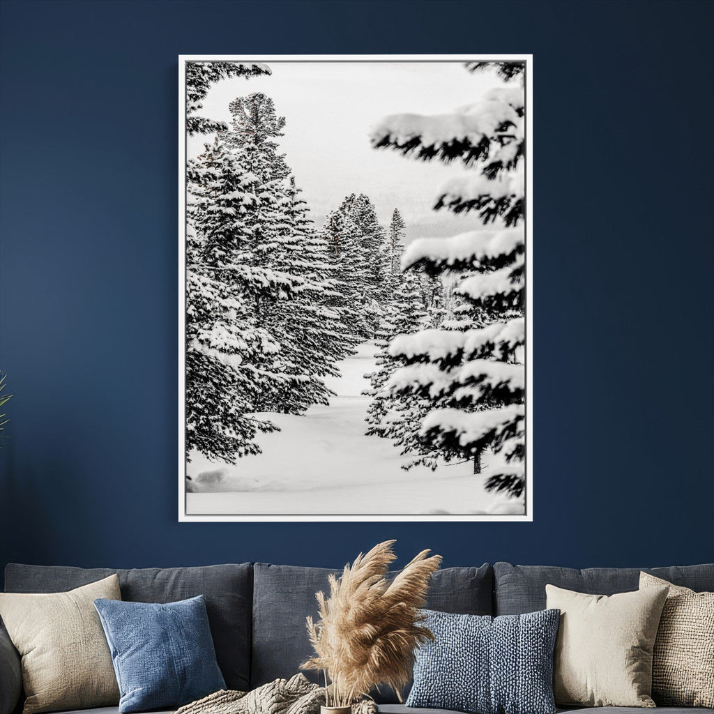 Winter Pine Forest Wall Art Canvas Print, Minimal Winter Landscape