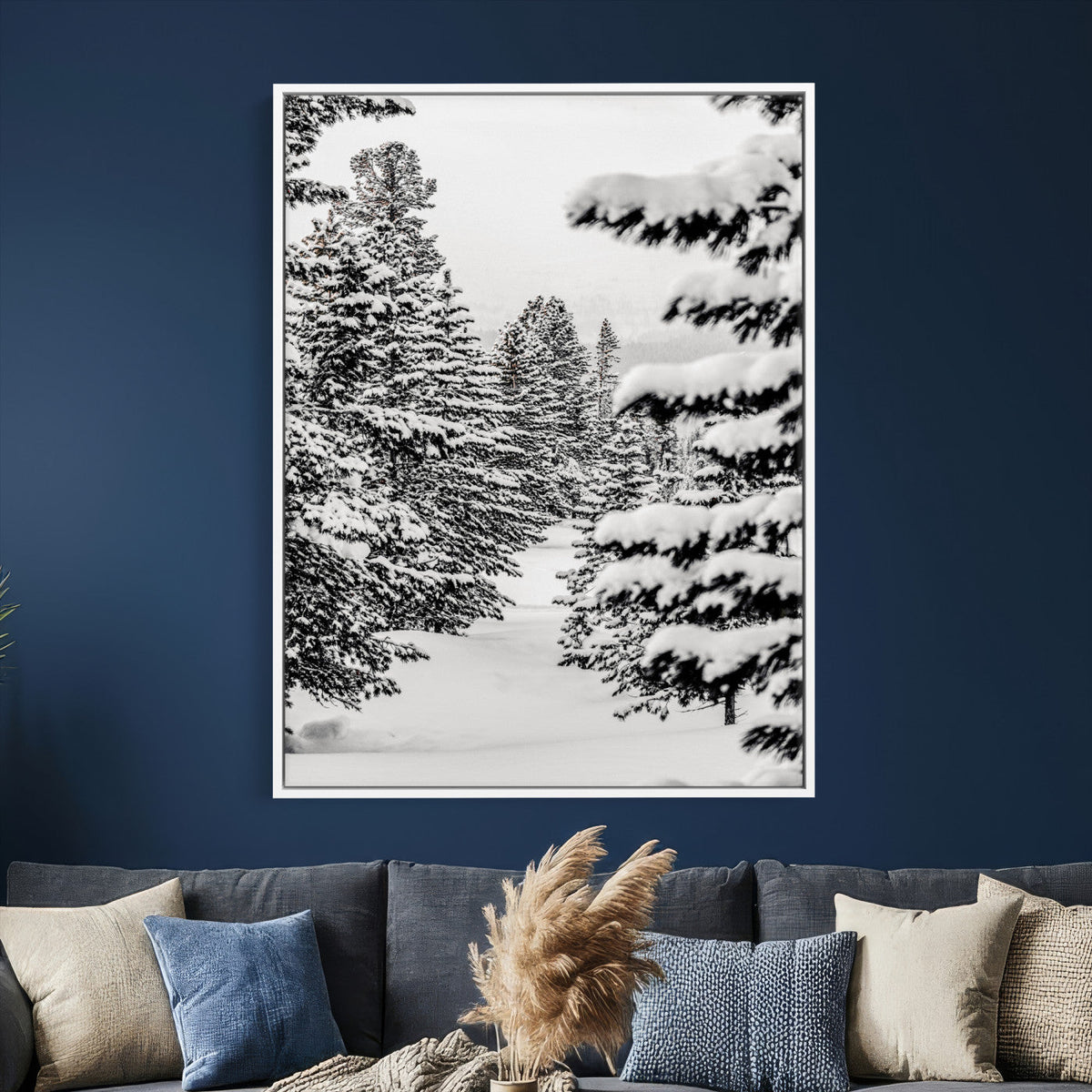 Winter Pine Forest Wall Art Canvas Print, Minimal Winter Landscape