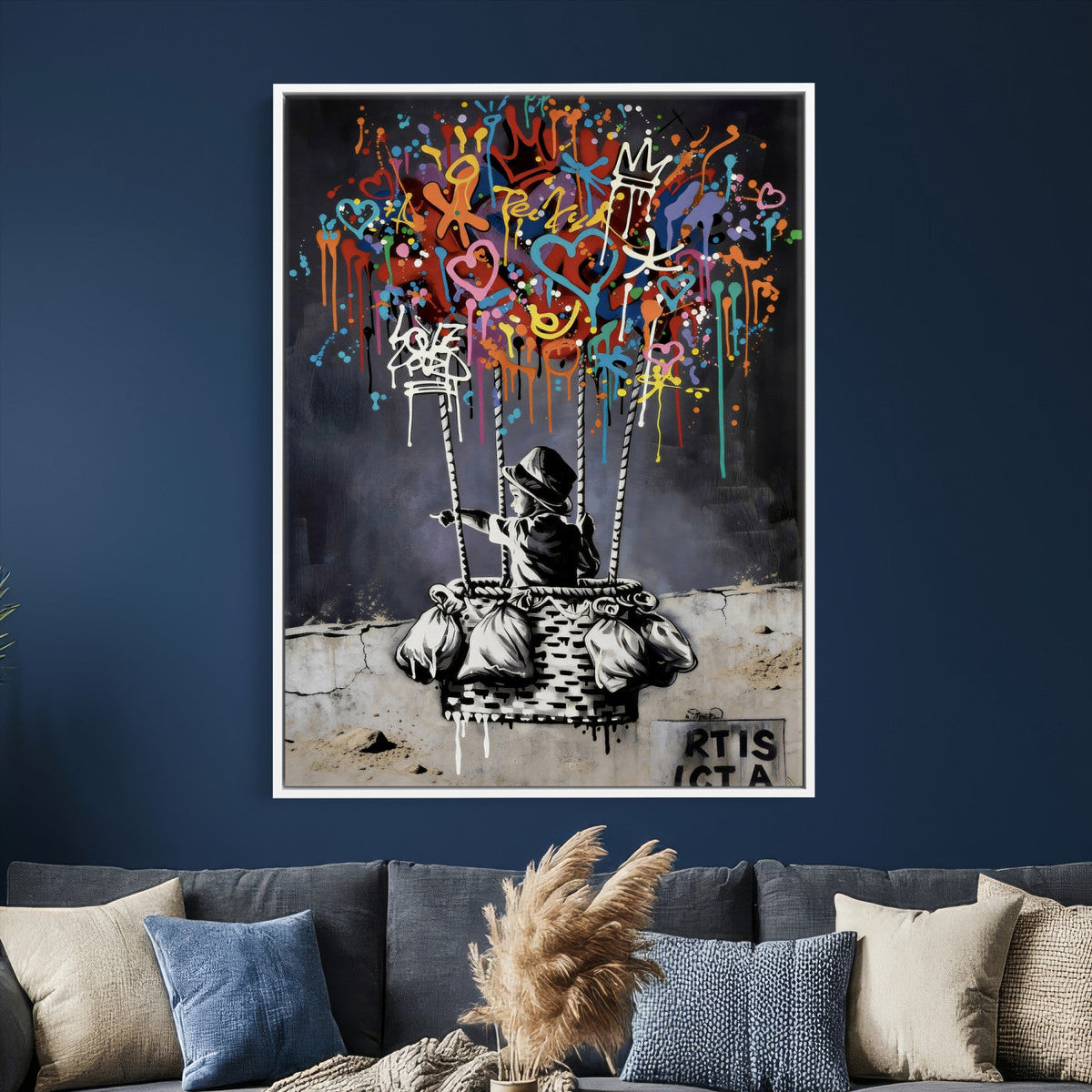 Banksy Inspired Boy Wall Art Canvas Print, Graffiti Balloon Hearts Street Art
