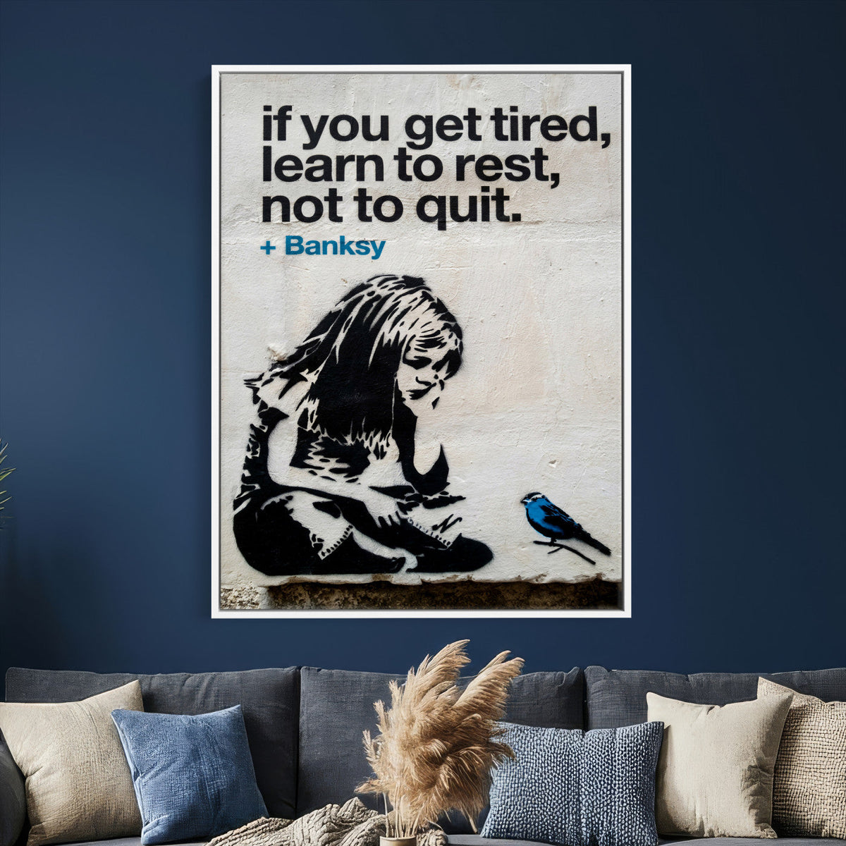 Banksy Girl and Blue Bird Canvas Art Print | Banksy If You Get Tired Street Art