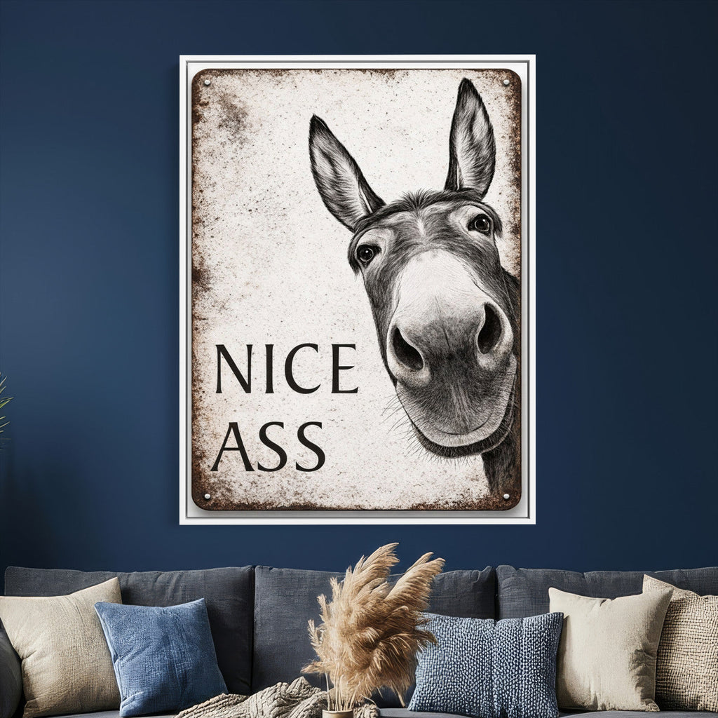 Funny Donkey Bathroom Wall Art Canvas Print, Nice Ass Farm Animal Sign
