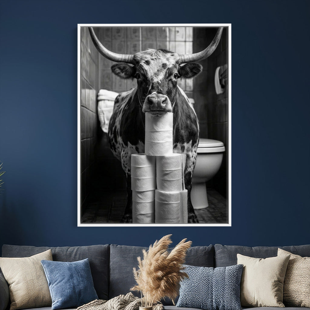 Texas Longhorn Cow Toilet Paper Canvas Wall Art, Funny Bathroom Decor