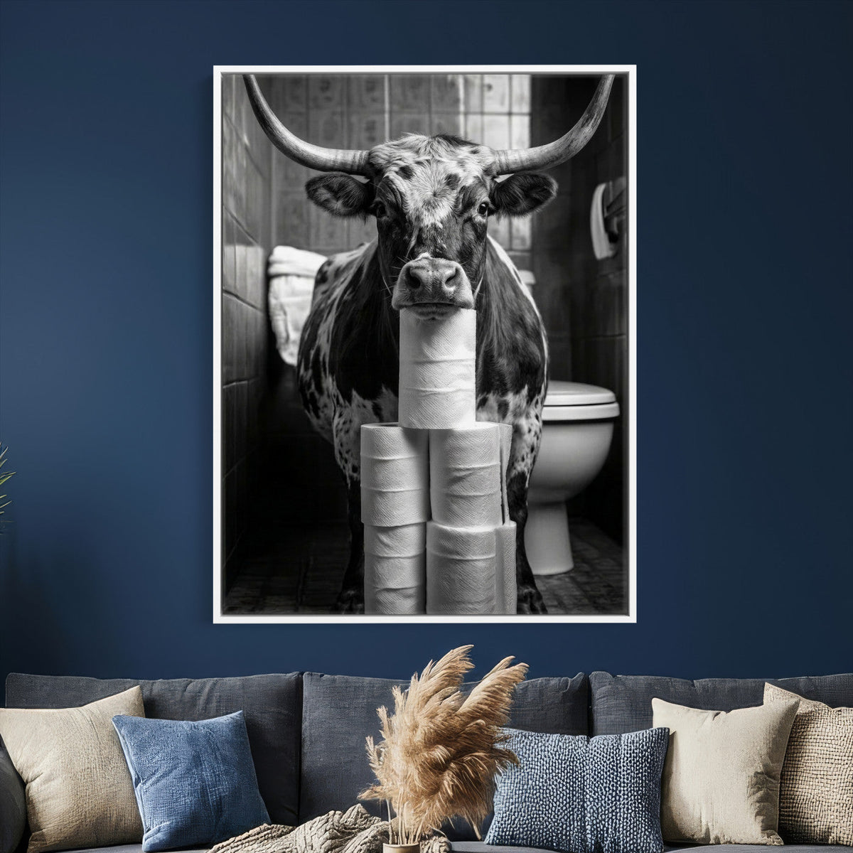 Texas Longhorn Cow Toilet Paper Canvas Wall Art, Funny Bathroom Decor