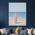 Pink Surfboard Canvas Wall Art, Minimalist Beach Photography