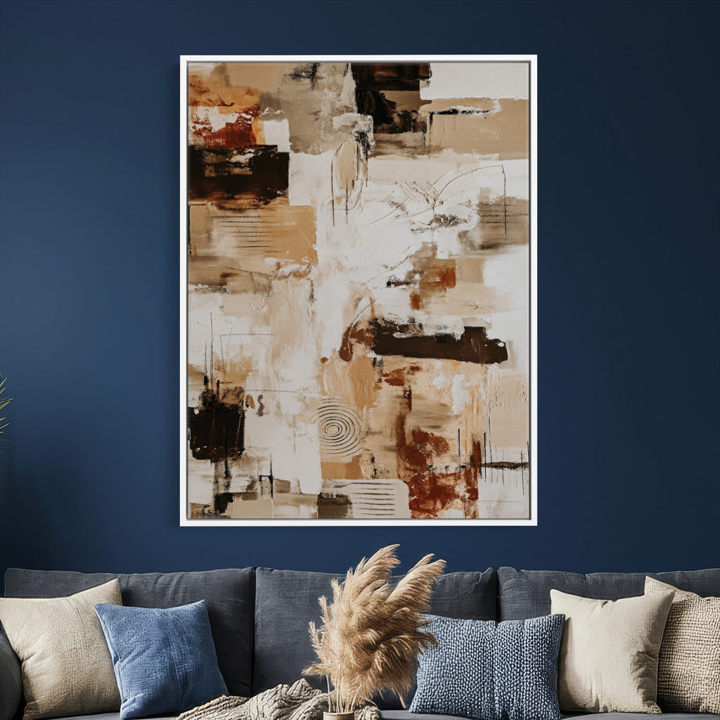Blue Teal Abstract Canvas Wall Art, Modern Brushstroke Style Painting Print, Navy Orange Contemporary Decor