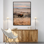 Solitary Buffalo Wall Art Canvas Print, Framed Golden Prairie Earthy Tones