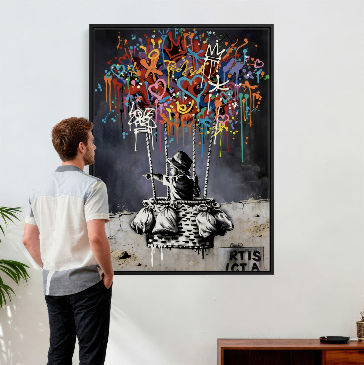 Banksy Inspired Boy Wall Art Canvas Print, Graffiti Balloon Hearts Street Art