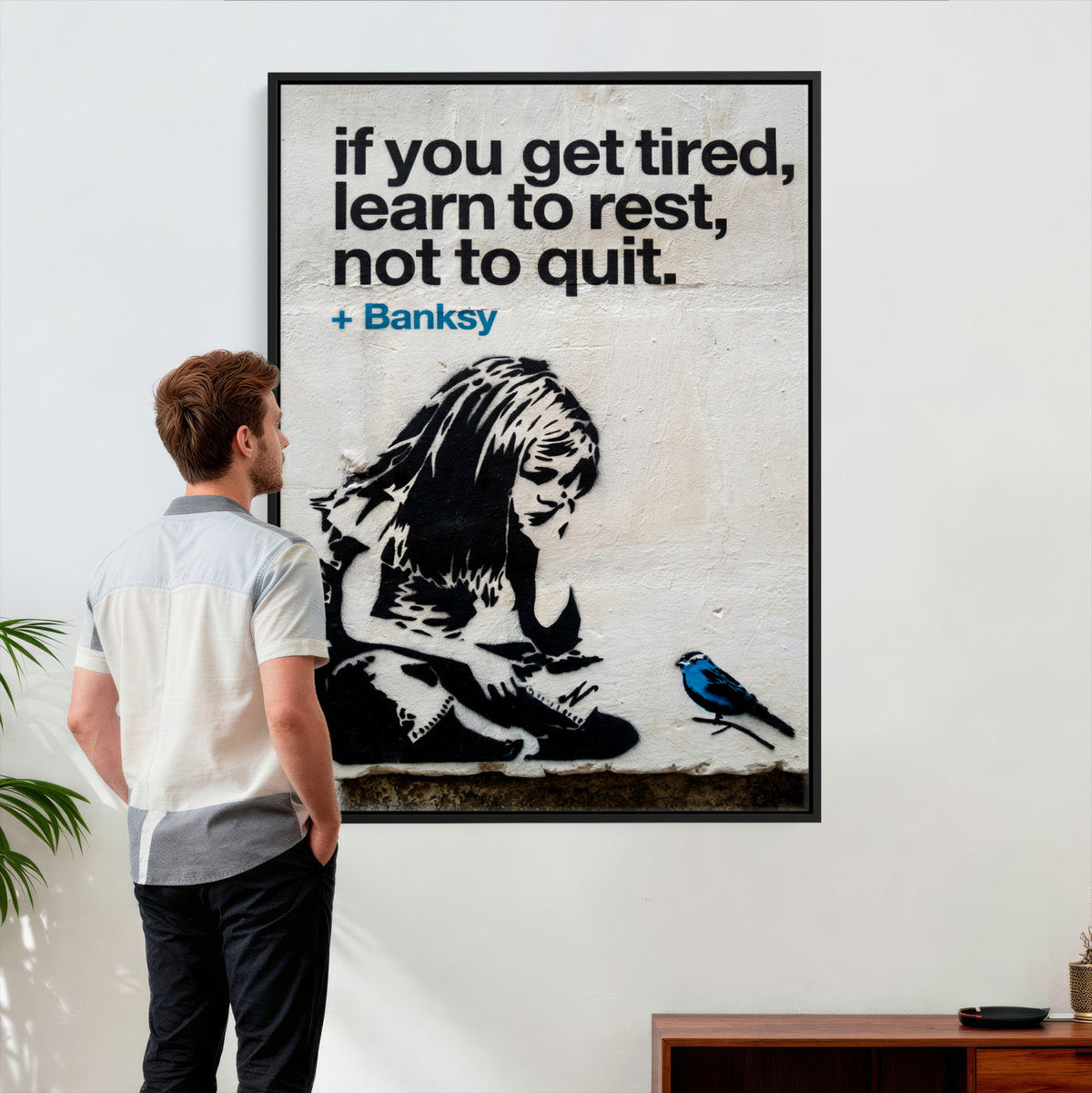 Banksy Girl and Blue Bird Canvas Art Print | Banksy If You Get Tired Street Art
