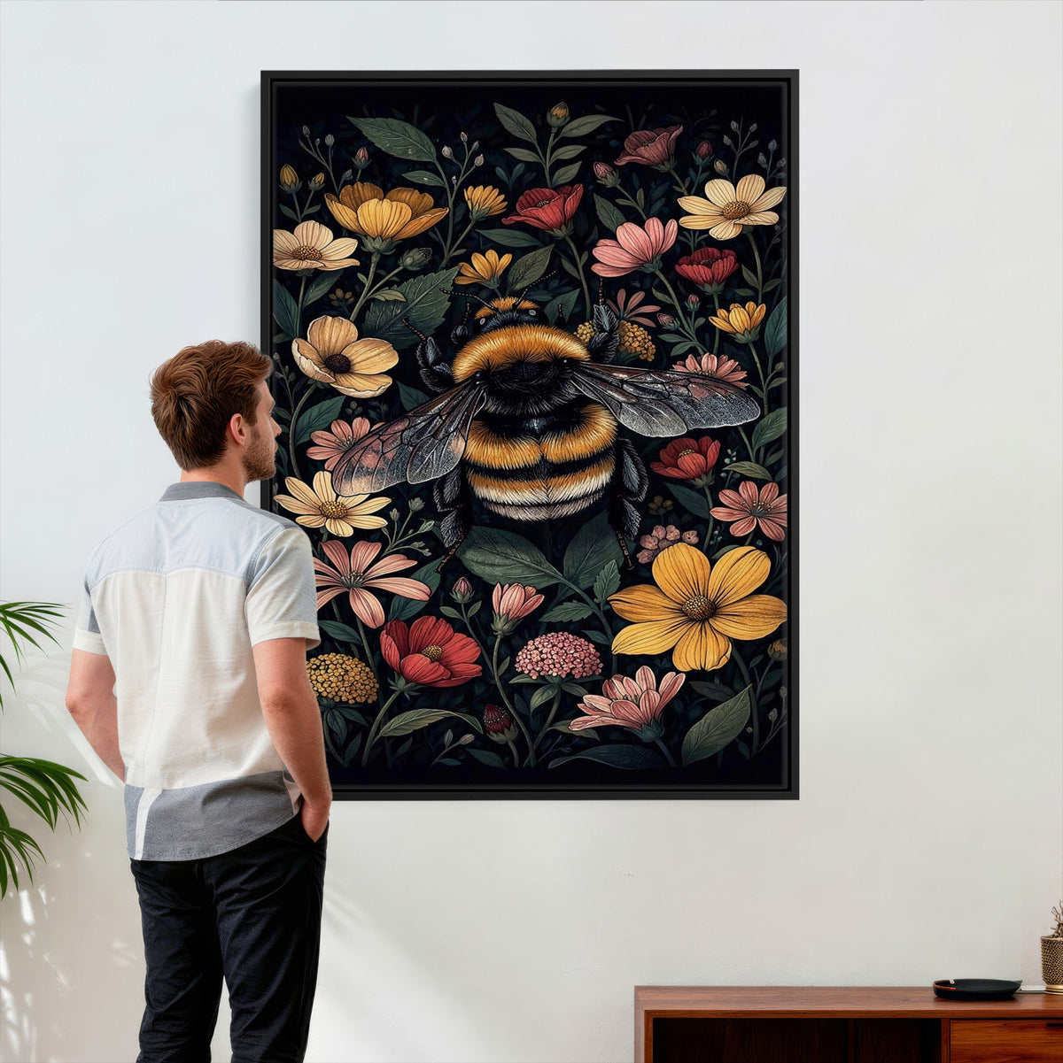 William Morris Style Prints Canvas Wall Art, Inner Framed Vintage Bee Botanical Floral Print