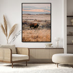 Solitary Buffalo Wall Art Canvas Print, Framed Golden Prairie Earthy Tones