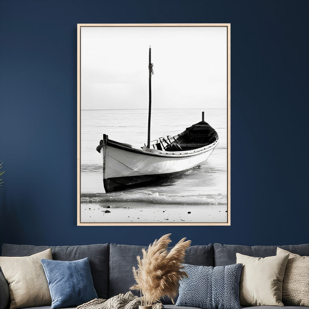 Minimal Boat Wall Art Canvas Print | Black and White Coastal Photography