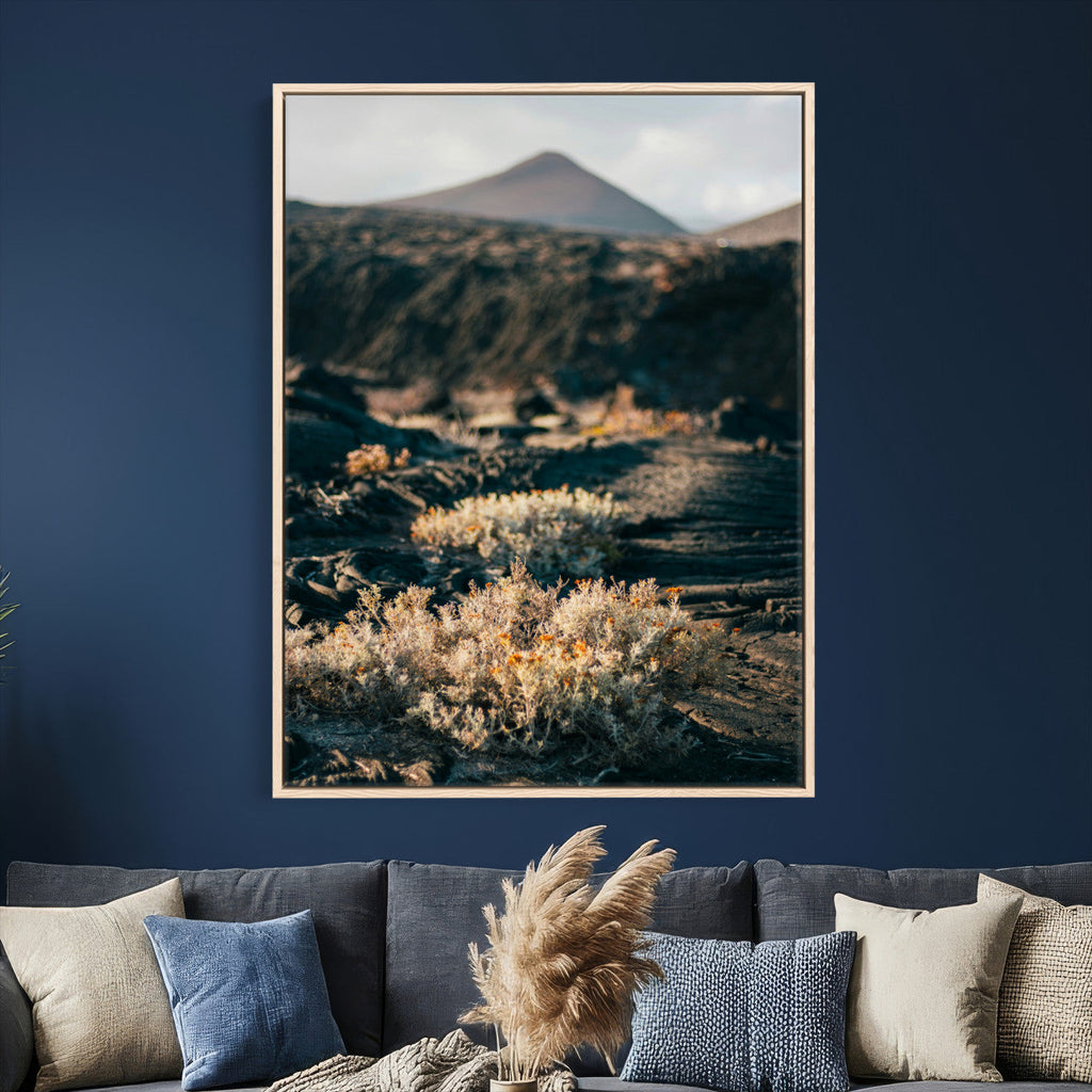 Desert Wall Art Canvas Print, Volcanic Landscape with Soft Wildflowers