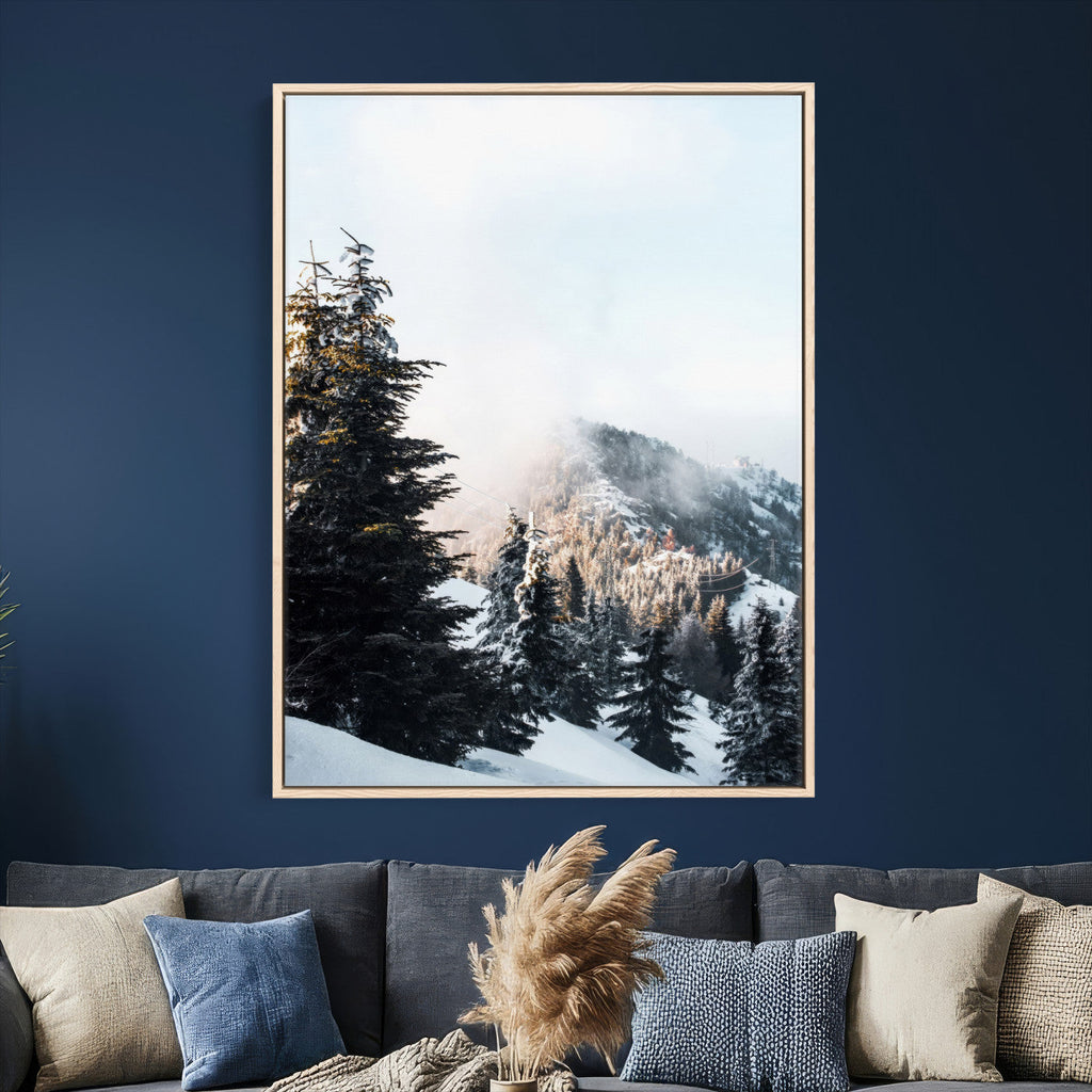 Snowy Mountain Forest Wall Art Canvas Print, Winter Pine Landscape